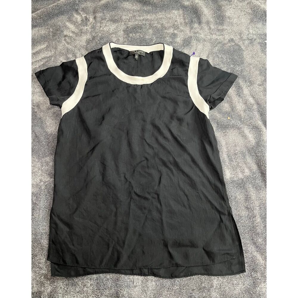 Rag & Bone Black Silk Blend Top Size S White Trim Short Sleeve Minimalis